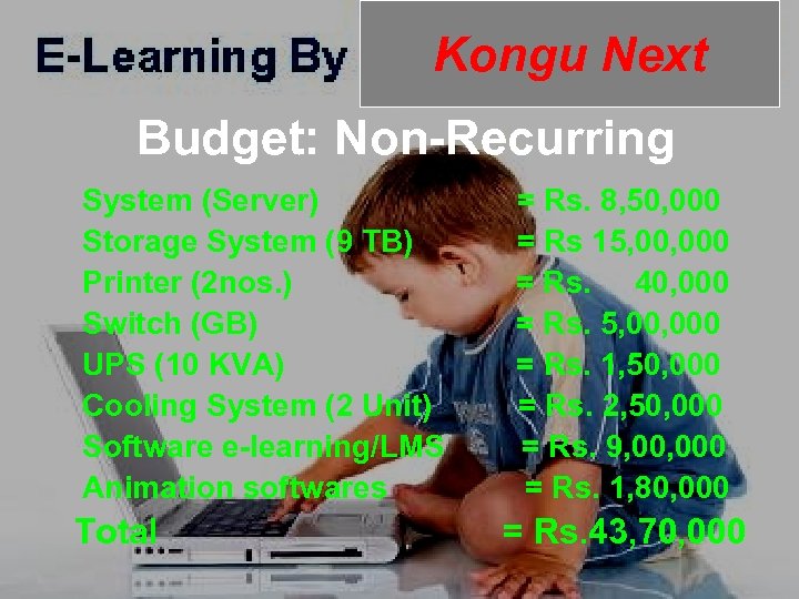 Kongu Next Budget: Non-Recurring System (Server) = Rs. 8, 50, 000 Storage System (9