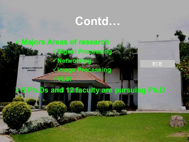 Contd… Ø Majors Areas of research üSignal Processing üNetworking üImage Processing üVLSI ECE Ø