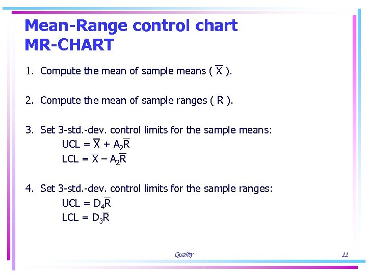 Mean-Range control chart MR-CHART 1. Compute the mean of sample means ( X ).