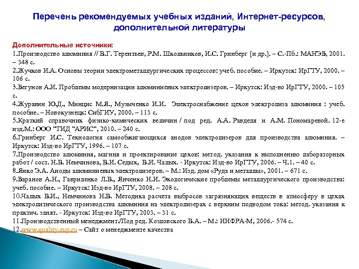 Перечень рекомендуемых учебных изданий, Интернет-ресурсов, дополнительной литературы Дополнительные источники: 1. Производство алюминия // В.