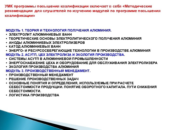 УМК программы повышения квалификации включает в себя «Методические рекомендации для слушателей по изучению модулей