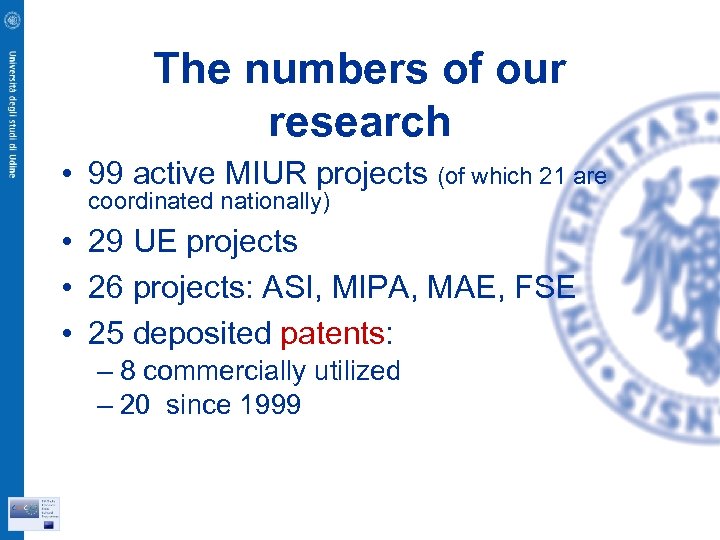 The numbers of our research • 99 active MIUR projects (of which 21 are