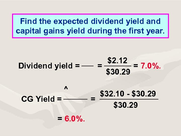 Find the expected dividend yield and capital gains yield during the first year. Dividend