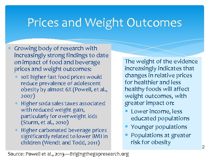 Prices and Weight Outcomes Growing body of research with increasingly strong findings to date