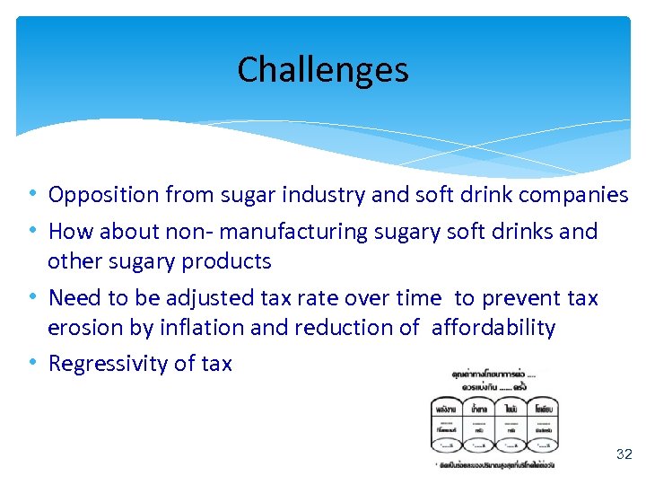Challenges • Opposition from sugar industry and soft drink companies • How about non-