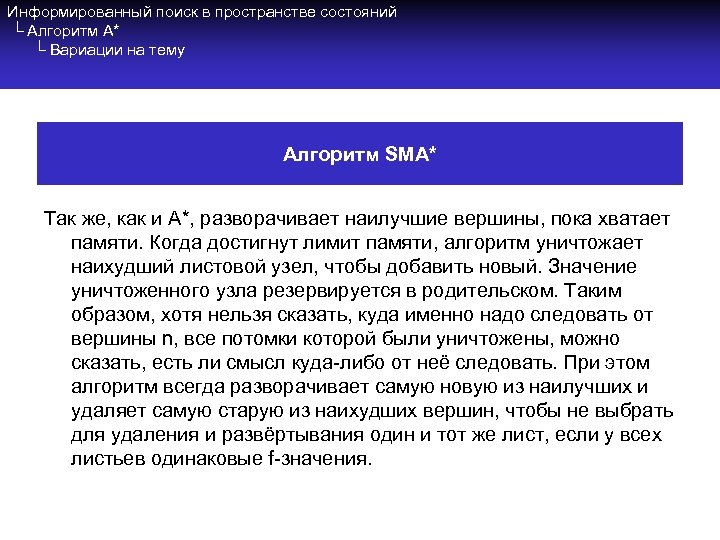 Информированный поиск в пространстве состояний └ Алгоритм A* └ Вариации на тему Алгоритм SMA*