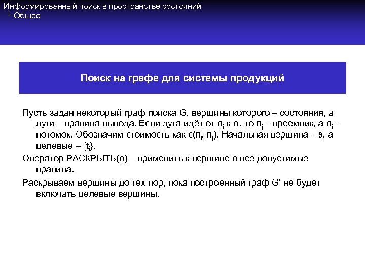 Информированный поиск в пространстве состояний └ Общее Поиск на графе для системы продукций Пусть