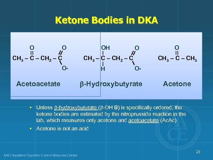 Ketone Bodies in DKA O O CH 3 – CH 2 – C O-