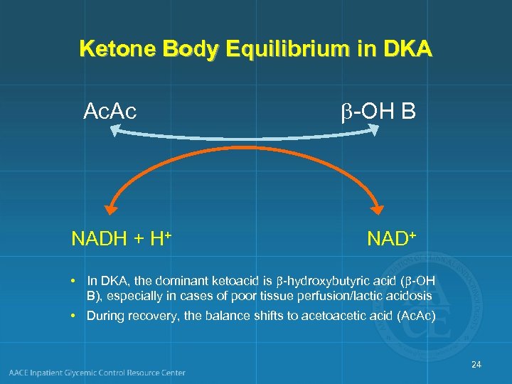 Ketone Body Equilibrium in DKA Ac. Ac NADH + H+ -OH B NAD+ •