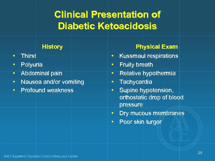 Clinical Presentation of Diabetic Ketoacidosis History • • • Thirst Polyuria Abdominal pain Nausea