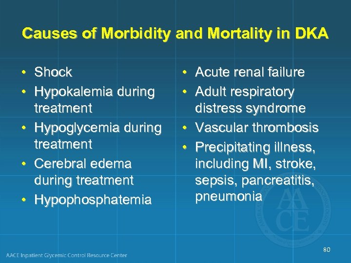 Causes of Morbidity and Mortality in DKA • Shock • Hypokalemia during treatment •