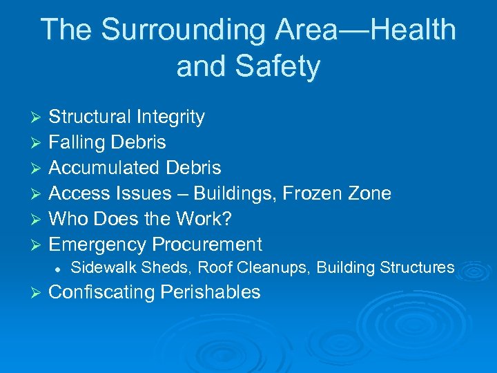 The Surrounding Area—Health and Safety Structural Integrity Ø Falling Debris Ø Accumulated Debris Ø