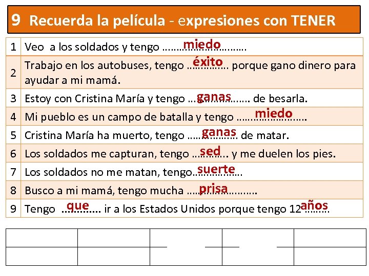 9 Recuerda la película - expresiones con TENER miedo 1 Veo a los soldados