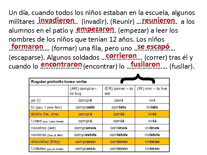 Un día, cuando todos los niños estaban en la escuela, algunos invadieron reunieron militares