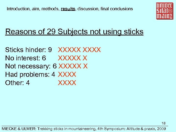 Introduction, aim, methods, results, discussion, final conclusions Reasons of 29 Subjects not using sticks