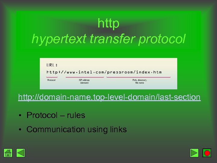 http hypertext transfer protocol http: //domain-name. top-level-domain/last-section • Protocol – rules • Communication using