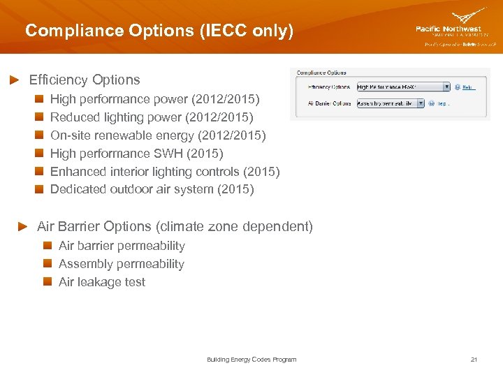 Compliance Options (IECC only) Efficiency Options High performance power (2012/2015) Reduced lighting power (2012/2015)