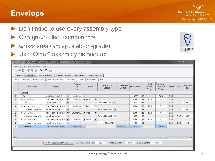 Envelope Don’t have to use every assembly type Can group “like” components Gross area