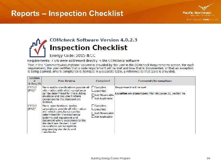 Reports – Inspection Checklist Building Energy Codes Program 54 