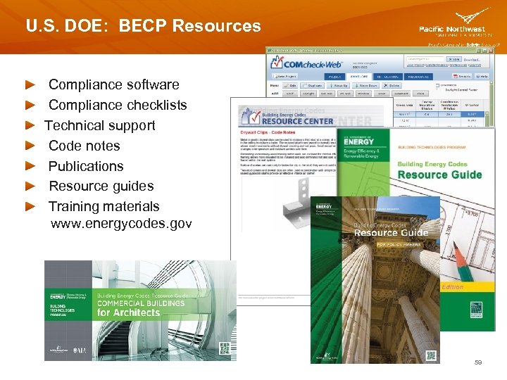 U. S. DOE: BECP Resources Compliance software Compliance checklists Technical support Code notes Publications