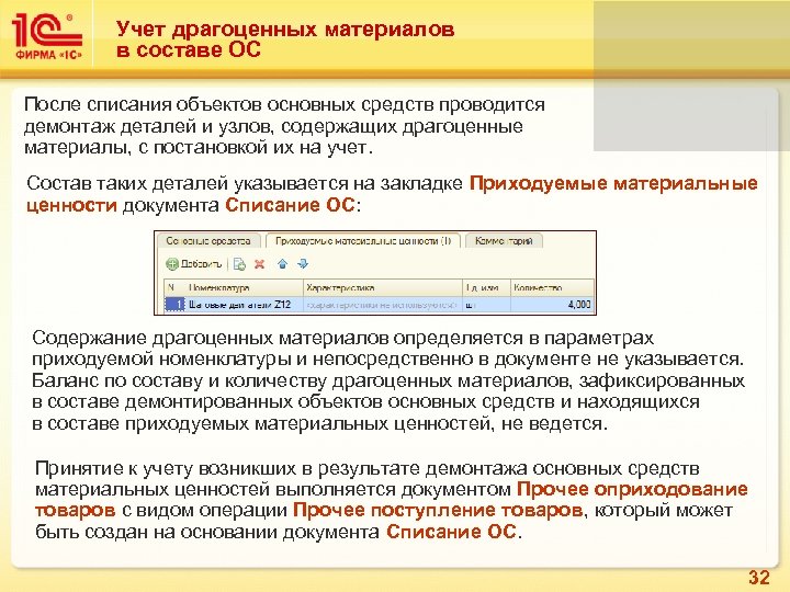 Учет драгоценных материалов в составе ОС После списания объектов основных средств проводится демонтаж деталей