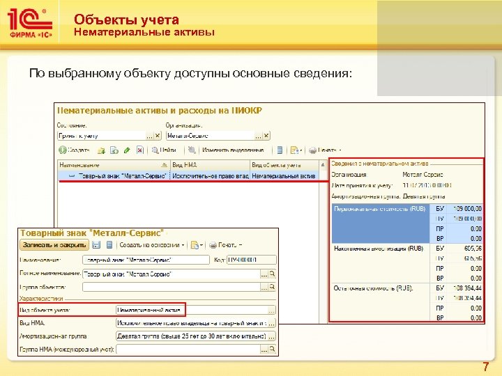 Объекты учета Нематериальные активы По выбранному объекту доступны основные сведения: 7 