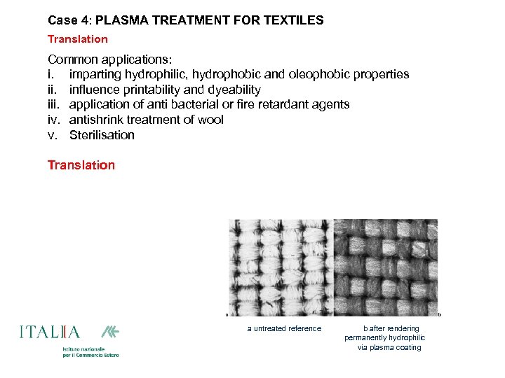 Case 4: PLASMA TREATMENT FOR TEXTILES Translation Common applications: i. imparting hydrophilic, hydrophobic and