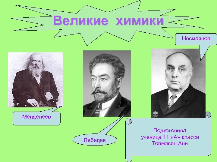 Великие химики Несмеянов Менделеев Лебедев Подготовила ученица 11 «А» класса Товмасян Ани 