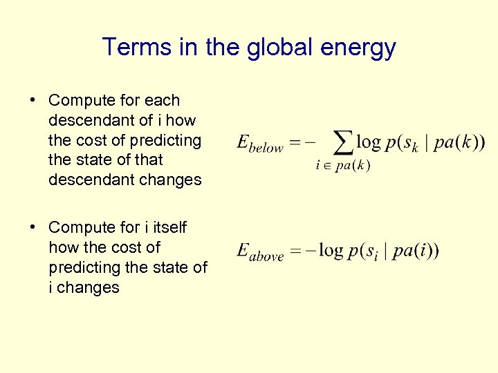 Terms in the global energy • Compute for each descendant of i how the