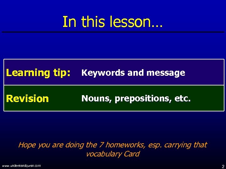 In this lesson… Learning tip: Keywords and message Revision Nouns, prepositions, etc. Hope you