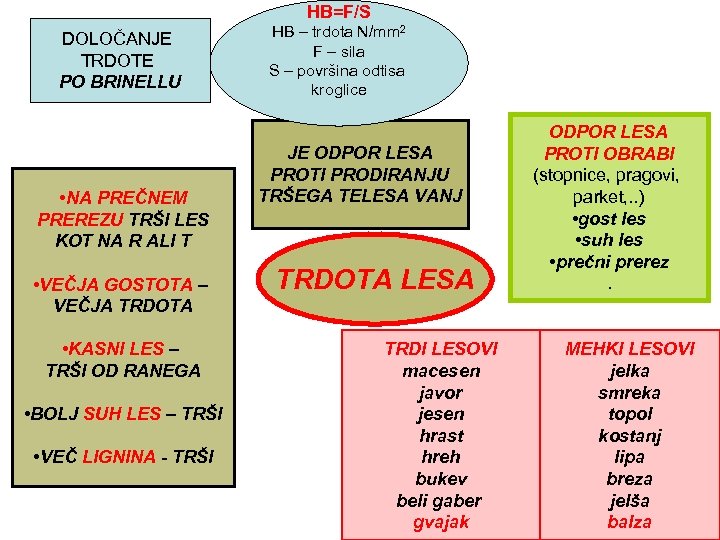 HB=F/S DOLOČANJE TRDOTE PO BRINELLU • NA PREČNEM PREREZU TRŠI LES KOT NA R