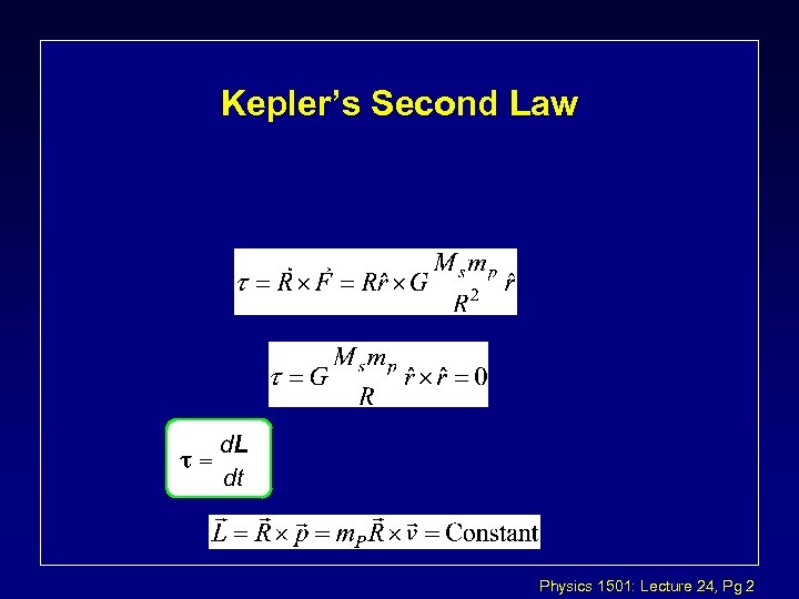 Kepler’s Second Law Physics 1501: Lecture 24, Pg 2 
