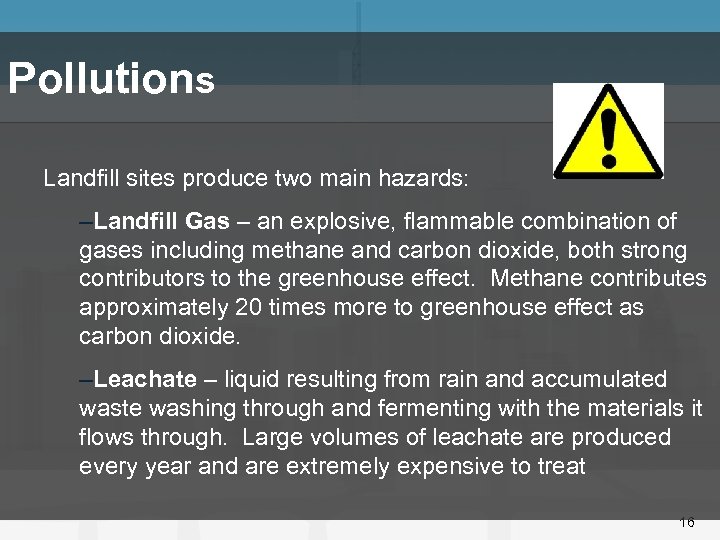 Pollutions Landfill sites produce two main hazards: –Landfill Gas – an explosive, flammable combination