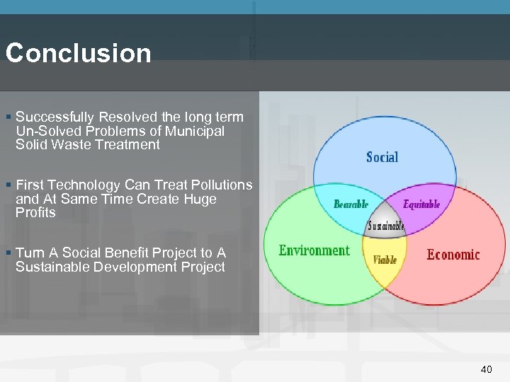 Conclusion § Successfully Resolved the long term Un-Solved Problems of Municipal Solid Waste Treatment