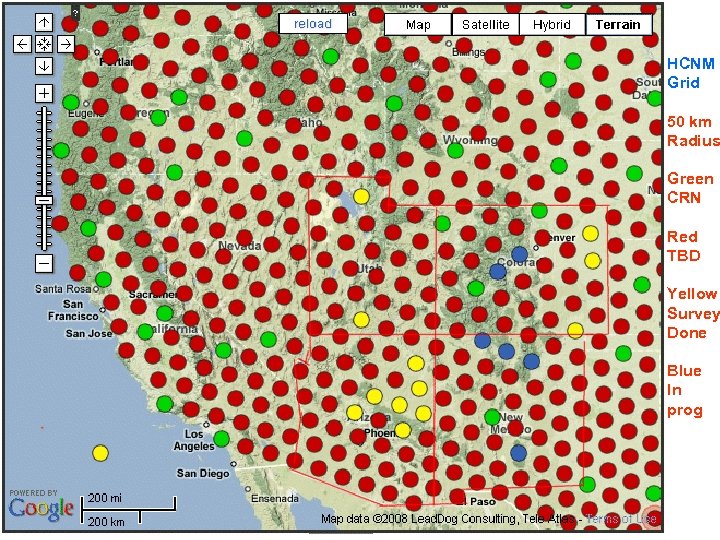 HCNM Grid 50 km Radius Green CRN Red TBD Yellow Survey Done Blue In
