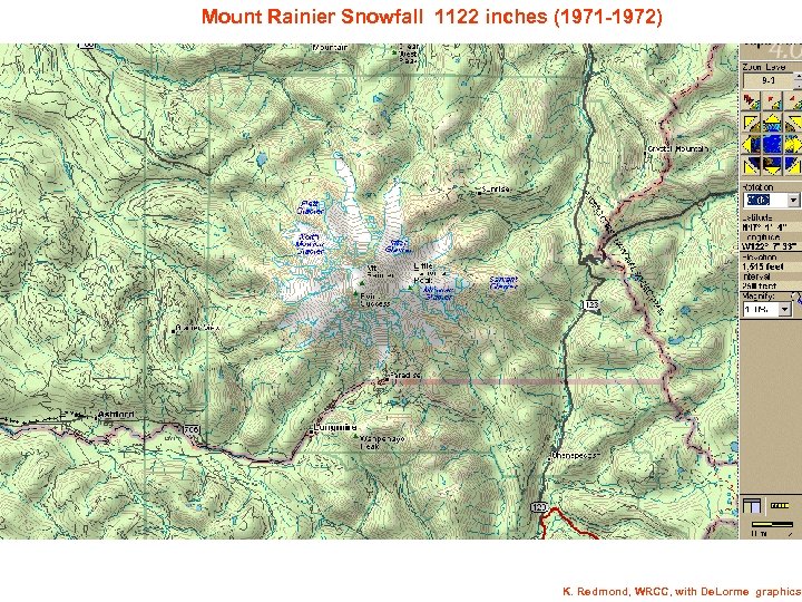 Mount Rainier Snowfall 1122 inches (1971 -1972) K. Redmond, WRCC, with De. Lorme graphics.