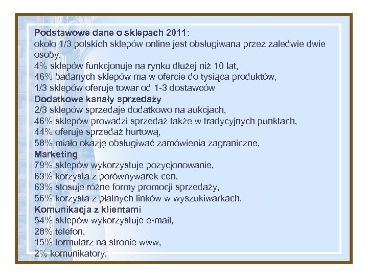 Podstawowe dane o sklepach 2011: około 1/3 polskich sklepów online jest obsługiwana przez zaledwie