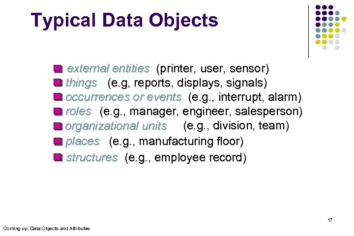 Typical Data Objects external entities (printer, user, sensor) things (e. g, reports, displays, signals)