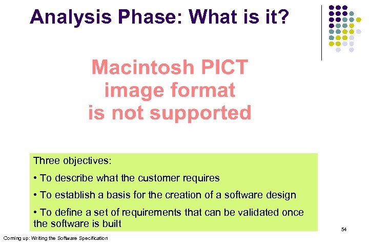 Analysis Phase: What is it? Three objectives: • To describe what the customer requires
