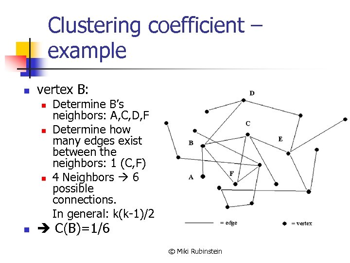 Clustering coefficient – example n vertex B: n n Determine B’s neighbors: A, C,