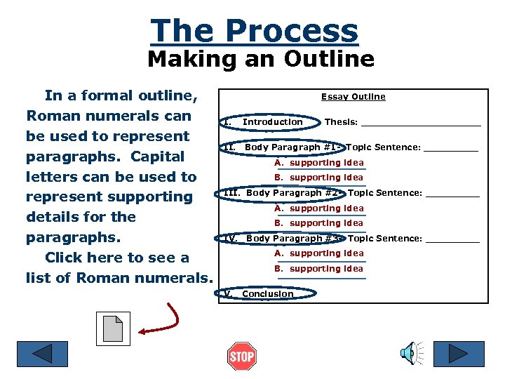 The Process Making an Outline In a formal outline, Roman numerals can be used