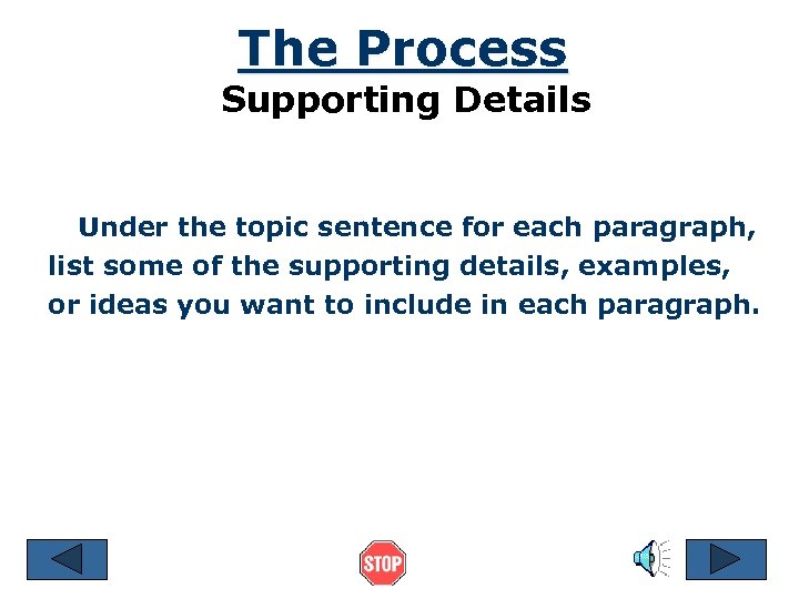 The Process Supporting Details Under the topic sentence for each paragraph, list some of