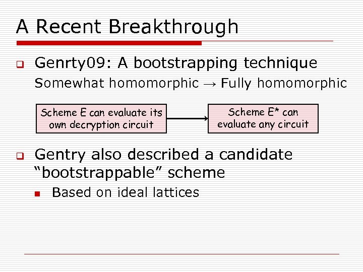 A Recent Breakthrough q Genrty 09: A bootstrapping technique Somewhat homomorphic → Fully homomorphic