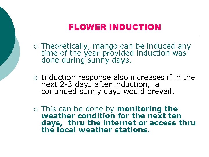 FLOWER INDUCTION ¡ Theoretically, mango can be induced any time of the year provided
