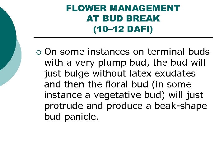 FLOWER MANAGEMENT AT BUD BREAK (10– 12 DAFI) ¡ On some instances on terminal