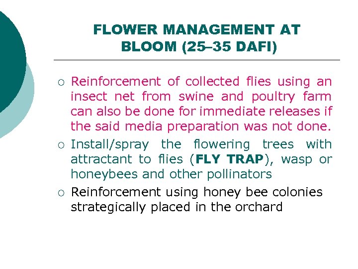 FLOWER MANAGEMENT AT BLOOM (25– 35 DAFI) ¡ ¡ ¡ Reinforcement of collected flies