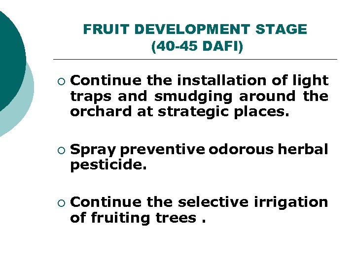 FRUIT DEVELOPMENT STAGE (40 -45 DAFI) ¡ ¡ ¡ Continue the installation of light