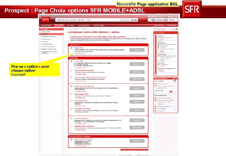 Nouvelle Page applicative BOL Prospect : Page Choix options SFR MOBILE+ADSL Pop up «