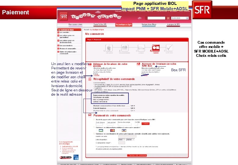 Page applicative BOL Impact PNM + SFR Mobile+ADSL Paiement Cas commande offre mobile +