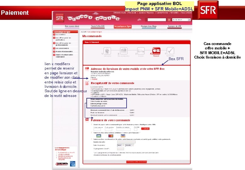 Page applicative BOL Impact PNM + SFR Mobile+ADSL Paiement Box SFR lien « modifier»